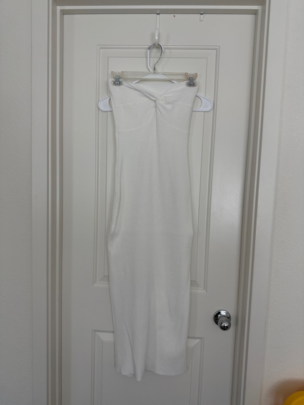Elegant White Strapless Twist-Front Midi Dress